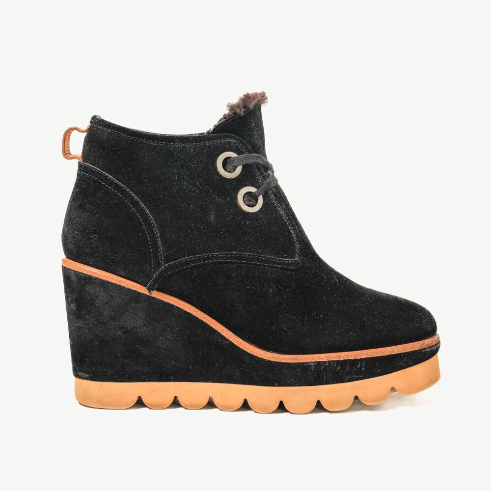 See by Chloe Ethel Black Shearling-Lined Suede Wedge Desert Booties